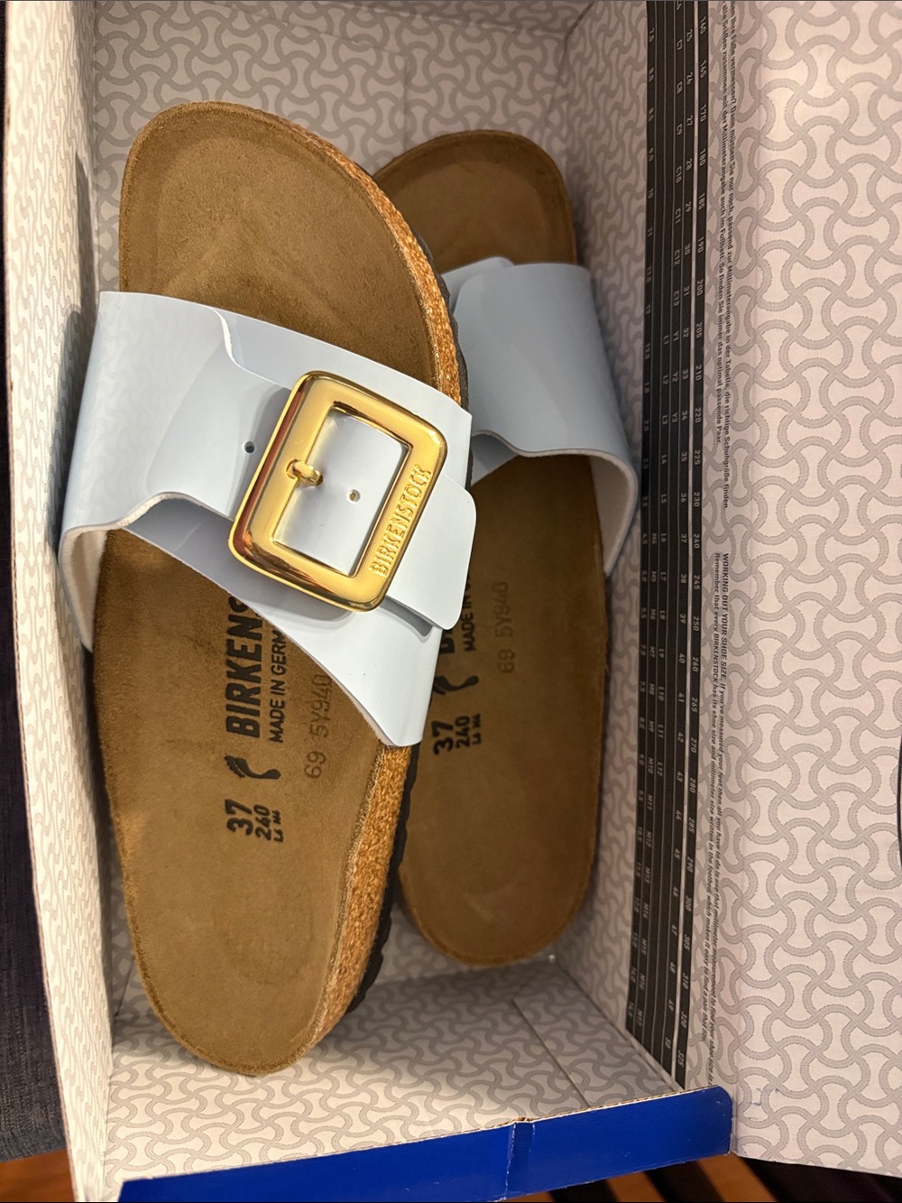 Birkenstock light blue Patent Madrid Sandals with Gold Buckle